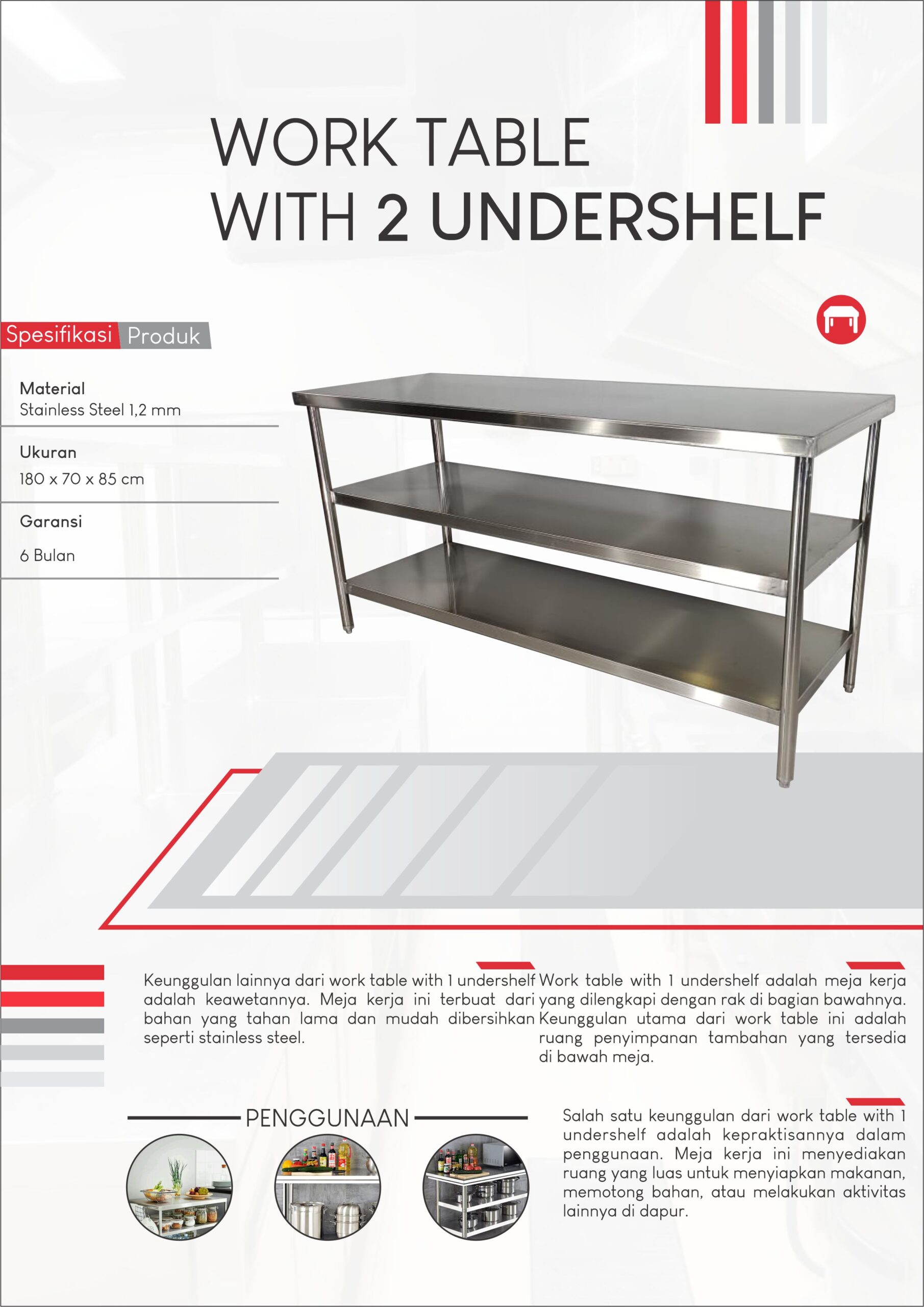 meja stainless, worktable, work table 2 undershelf jogja