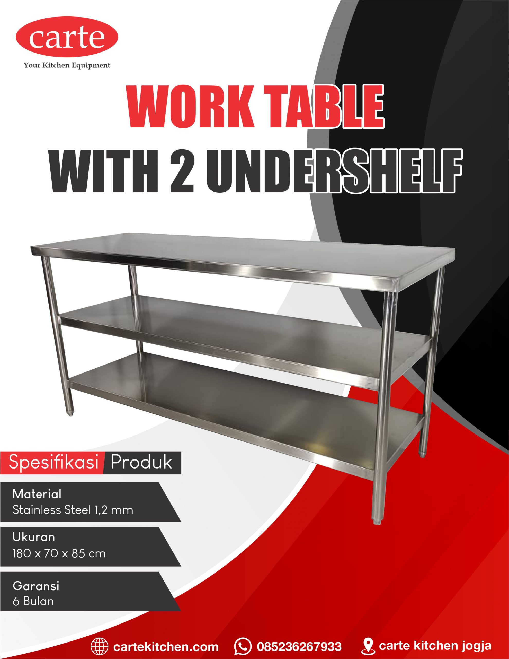 jual worktable stainless steels with 2 undershelf